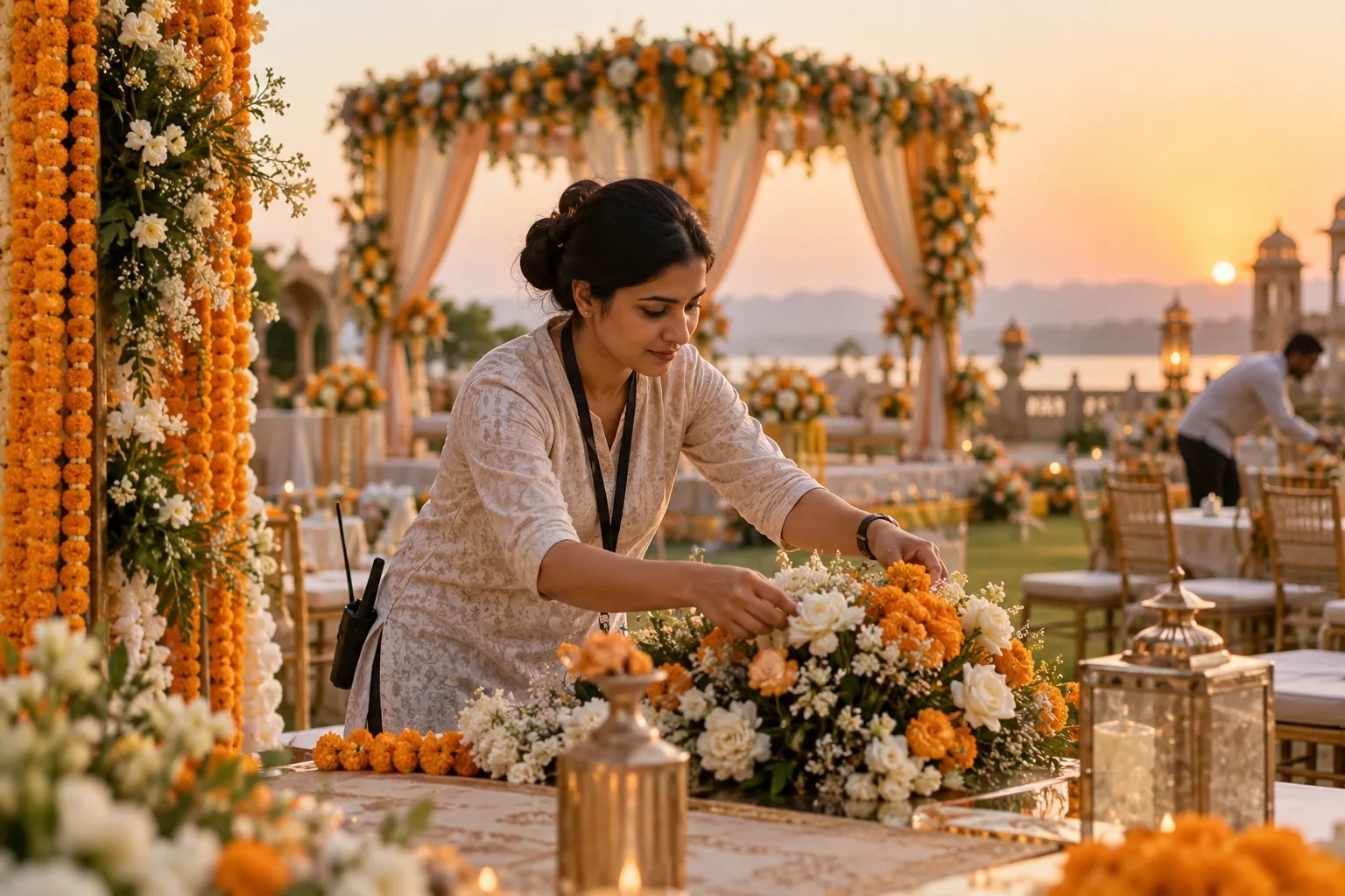 An Indian wedding planner arranging flowers at an elegant outdoor wedding venue, tasteful marigold and ivory florals, warm sunset light, no bride or groom required.